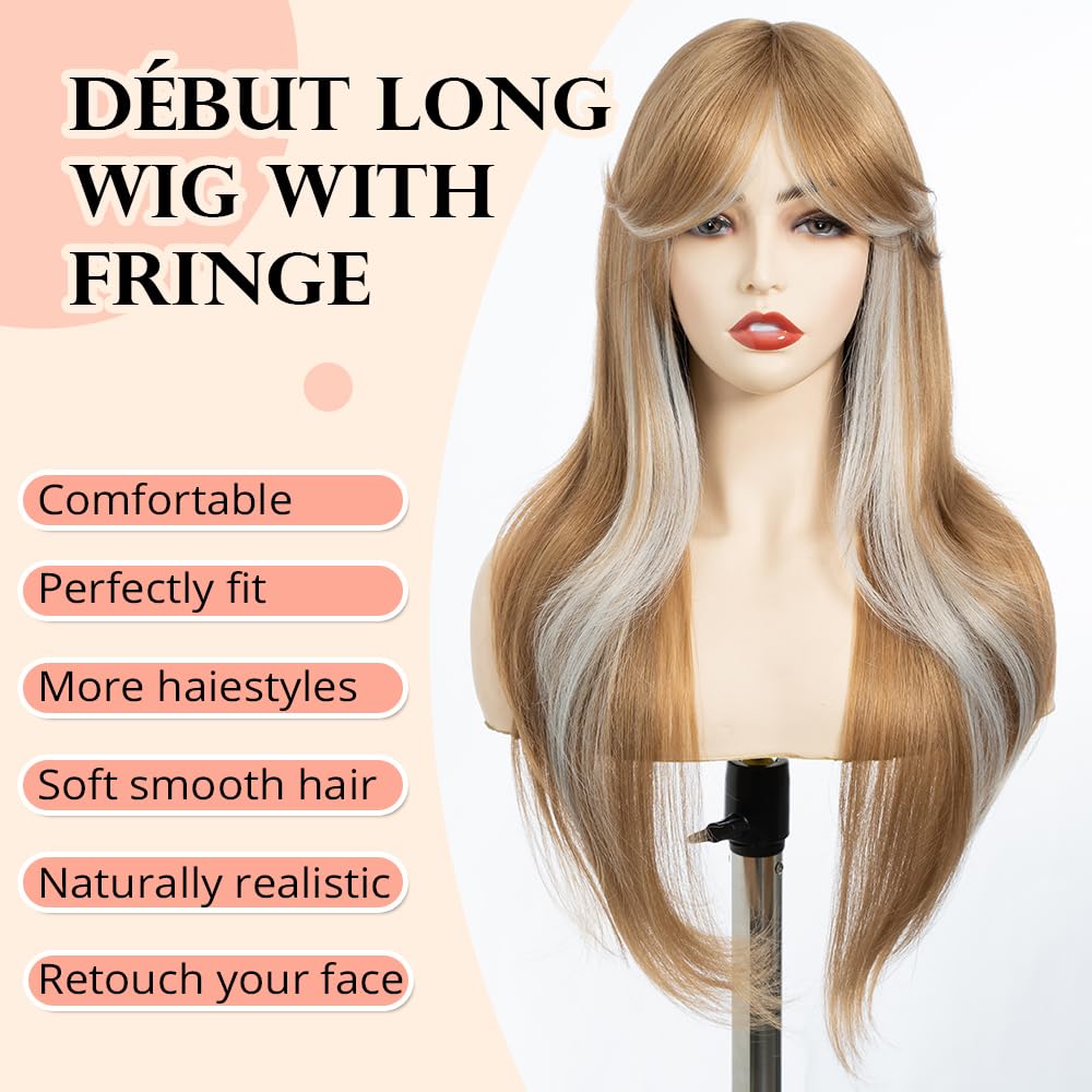 DÉBUT Long Blonde Wig With Fringe for Women Heat Resistant Synthetic Layered Hair Wigs With Bangs for Daily Party Cosplay Use(26 inches - Image 2