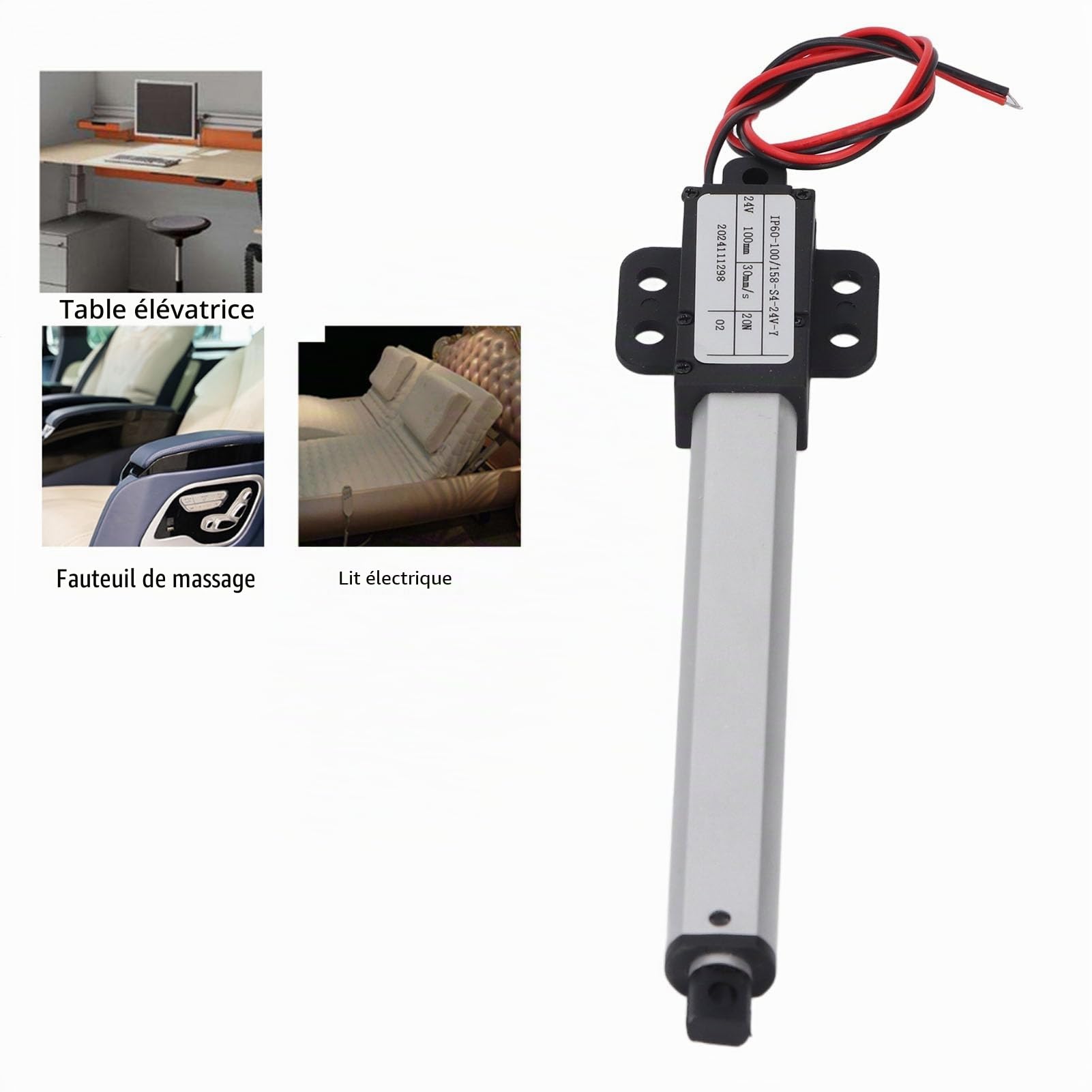 Ausla Actionneur Linéaire Électrique, 24V, 20N, Course 100mm, Vitesse 30mm/s, Aluminium et ABS, Protection IPX4