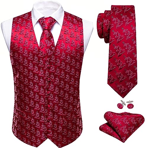 Image of Barry.Wang Mens Red /Green Christmas Suit Vest Holiday Xmas Waistcoat Tie Set Party Tuxedo