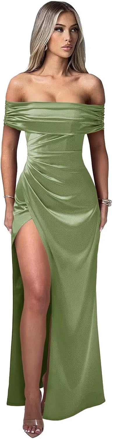 Mermaid Satin Bridesmaid Dresses Long Off Shoulder Prom Dress High Slit Wedding Evening Bodycon