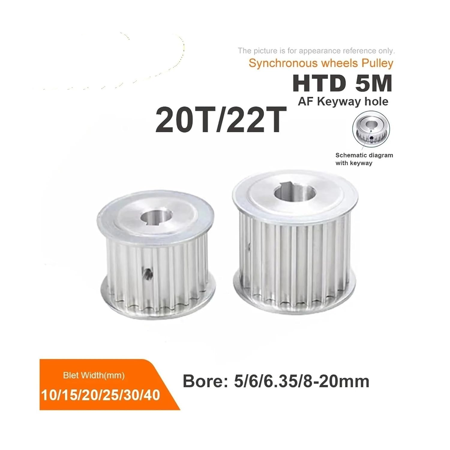 1PCS HTD5M Timing Pulley 22 Teeth AF Key Hole 5/6/6.35/8-20 mm Belt Width 10/15/20/25/30/40 mm 3D Printed Parts 5GT(32.2-Keyway5x2.3 mm, For belt30mm)