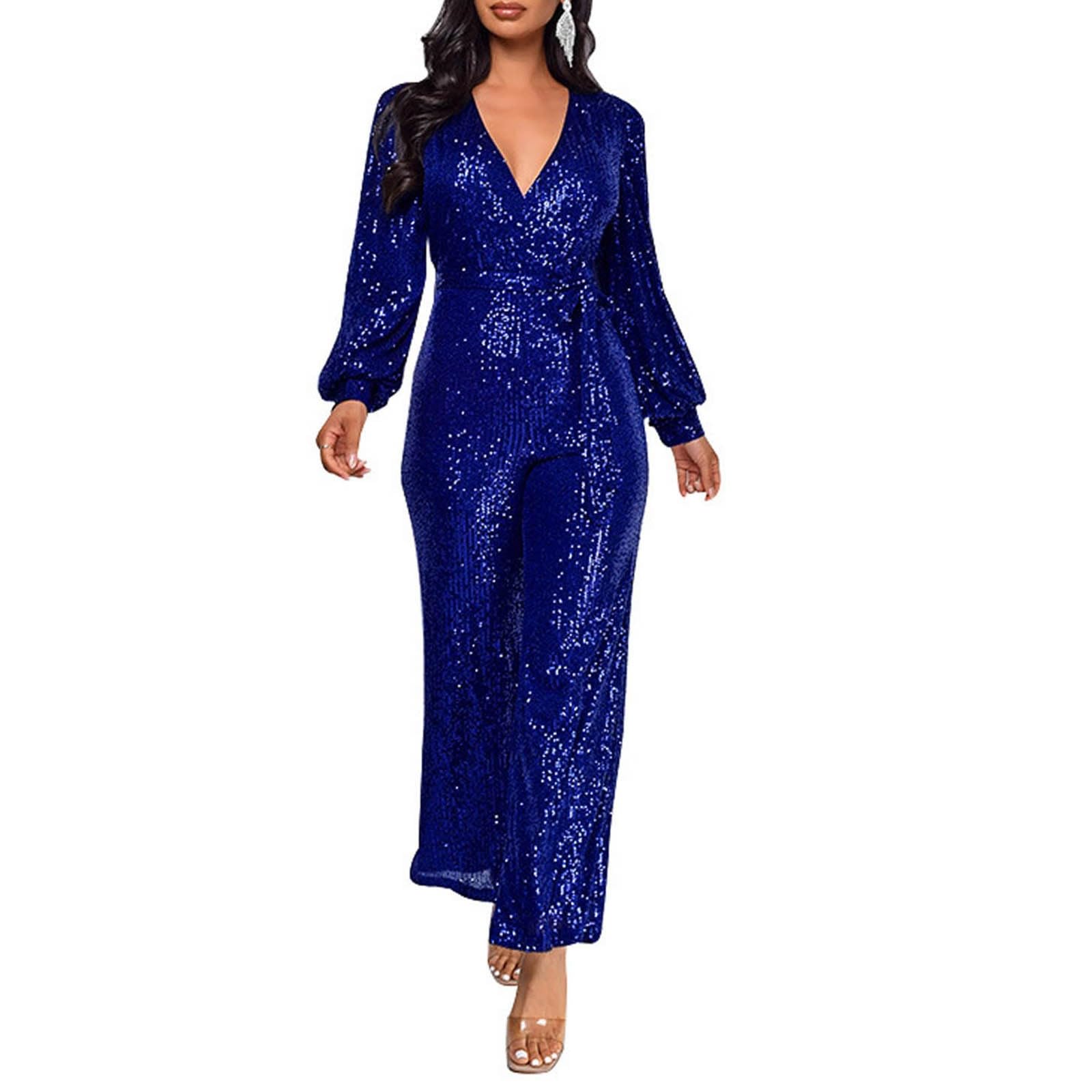 Jumpsuit Damen Langarm Party Overall Pailletten Glitzer Hochzeit Hosenanzug Romper Festlich Lang Playsuit Elegant Einteiler Hohe Taille Jumpsuits Clubwear