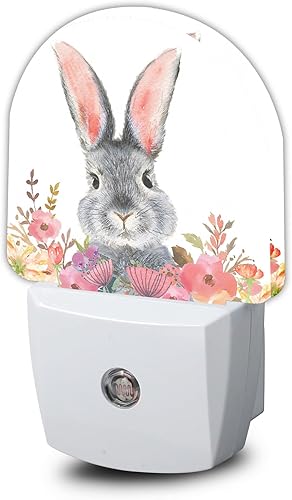 Luz de noche de Pascua, lindo conejo con luces nocturnas de flores enchufables a la pared, lámpara LED con sensor de atardecer a amanecer, 0.5 W