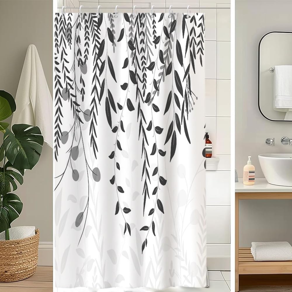 Duschvorhang Grau, Duschvorhang Eukalyptus Blätter Motiv Pflanzen Duschvorhänge Anti Schimmel Wasserdicht Polyester Stoff Waschbar Bad Vorhang mit 8 Haken für Badezimmer Badewanne 120x180cm