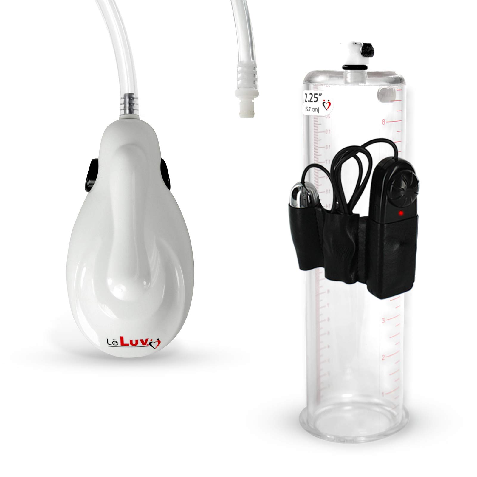 Bomba de pene eléctrica de mano LeLuv eGrip blanca de 9 x 2, cilindro de 25 pulgadas con accesorio vibrador