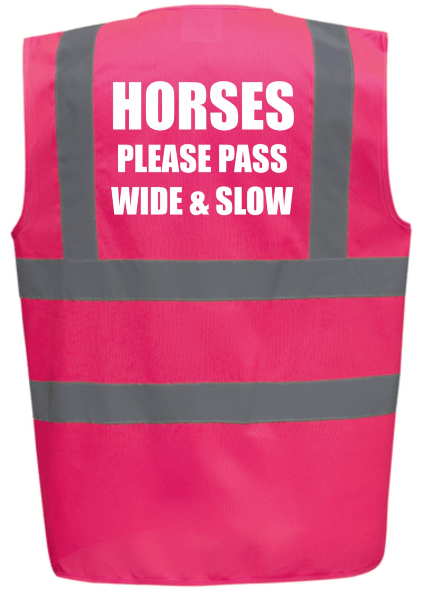 Bright Pink High Visibility Vest with White Text HORSES PLEASE PASS WIDE & SLOW- HORSE RIDING By Brook Hi Vis Medium