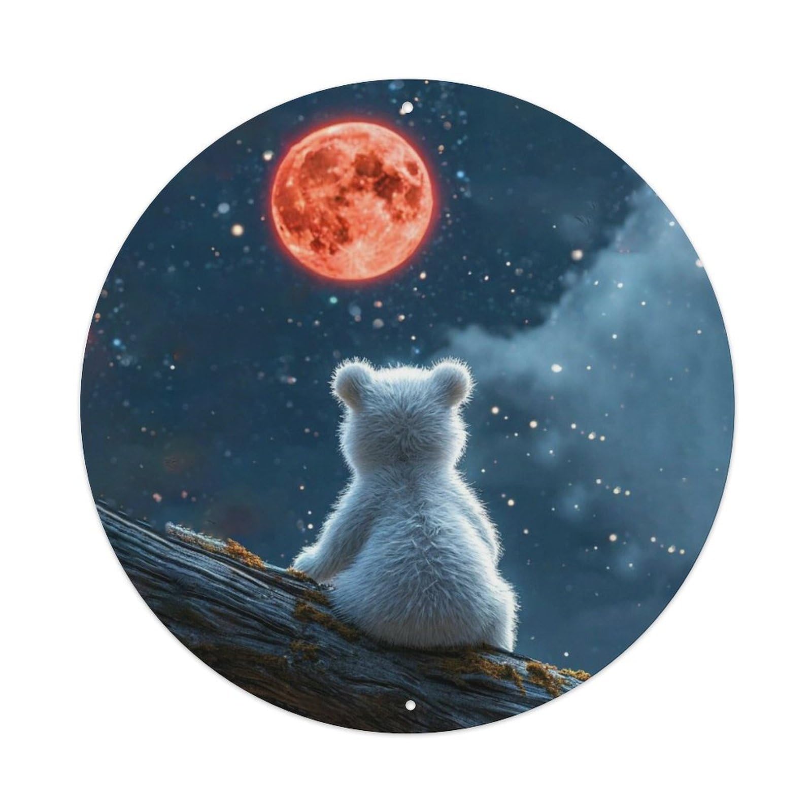 Animal Polar Bear Cub Night Red Full Moon Starry Sky Vintage Metal Tin Sign Plaque Wall Decor for Cafe, Club Bar, Office, Garden Metal Poster 8x8Inch