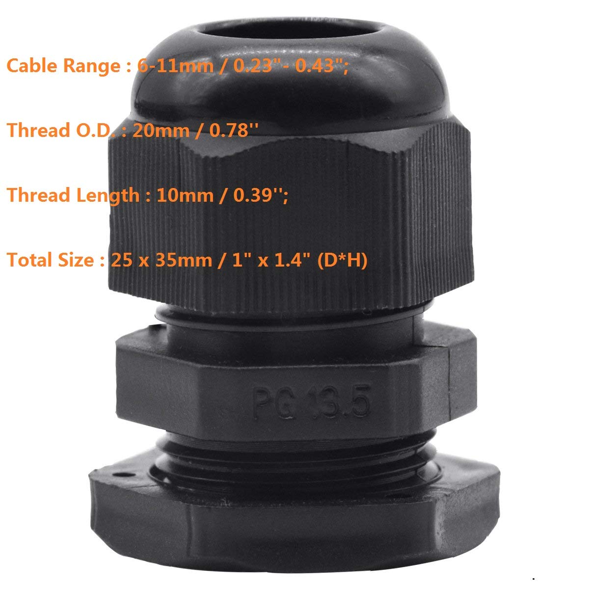 Driak 10PC 10mm/0.39'' Thread Black Plastic PG13.5 Cable Gland Waterproof Cable Joints Compression Cable Gland Connectors
