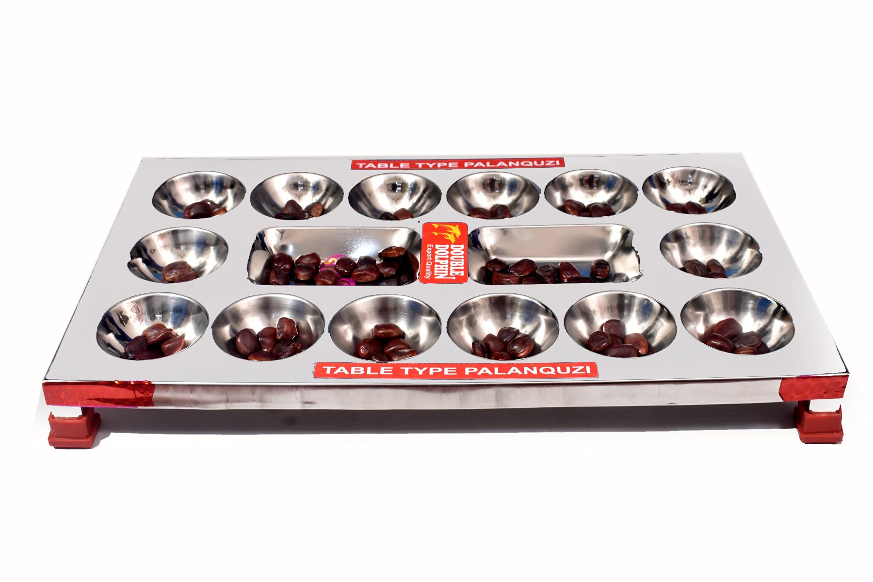 Generic PALANQUZI/ PALLANGHUZI/ Pallankuzhi Stainless Steel Table Type / Double Dolphin/ Board Game/ Traditional South Indian Tamil Game for kids