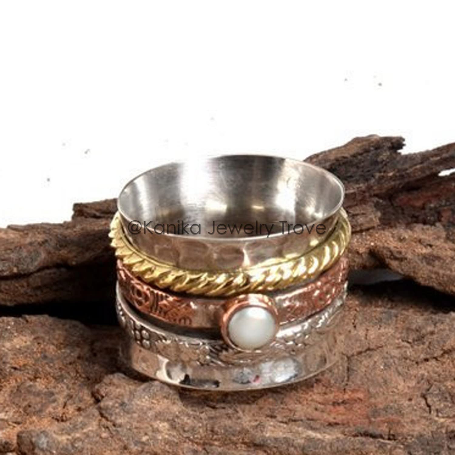 Spinner-Ring mit gehämmerter Blumenstruktur für Damen und Herren, Spinner-Band-Ring mit Süßwasser-Zuchtperlen, 925er Sterlingsilber, Spinner-Ring für Damen (Perle, Größe 7)