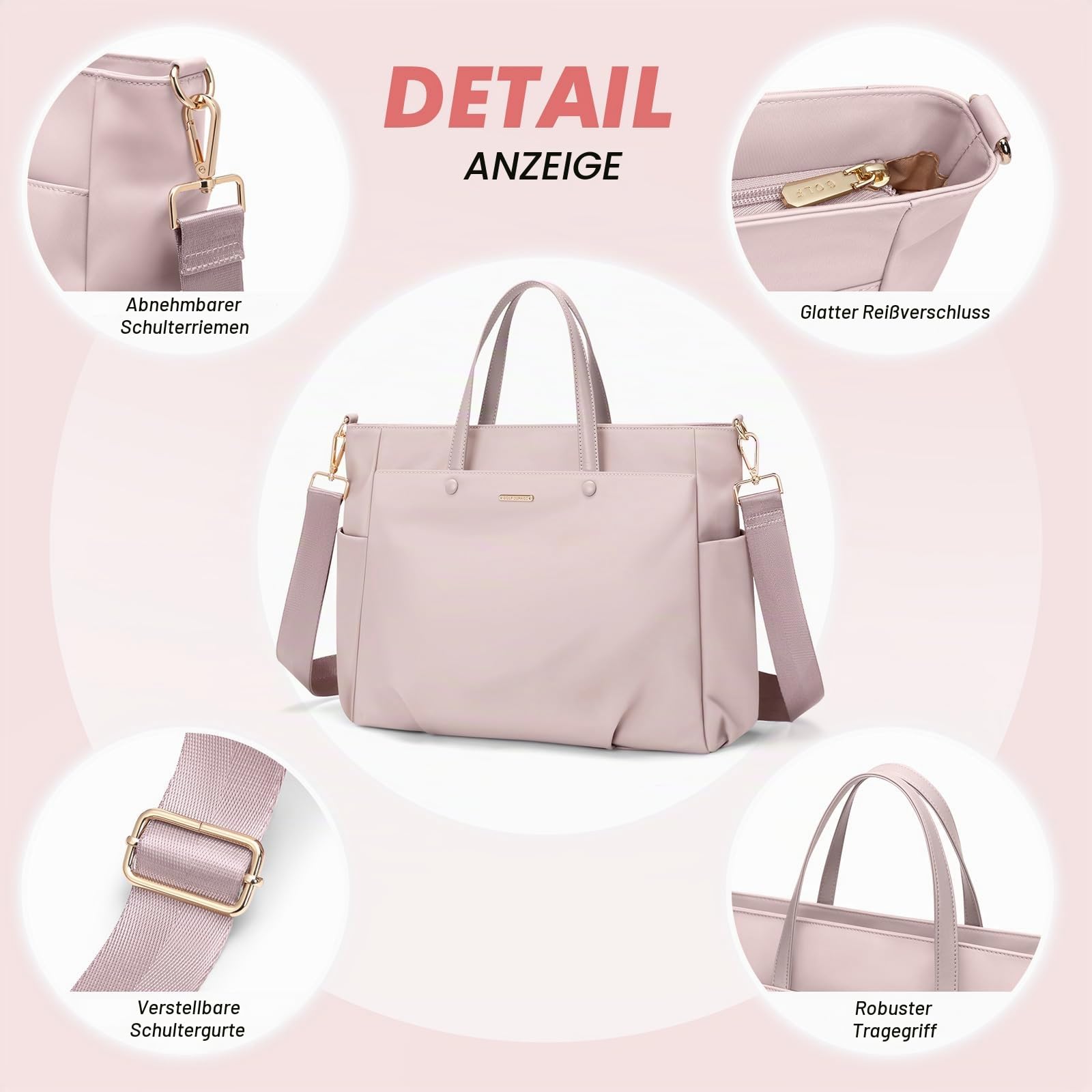 GOLF SUPAGS 14 Zoll Laptop Umhängetasche für Damen, Arbeit und Reisen (Rosa Grau)