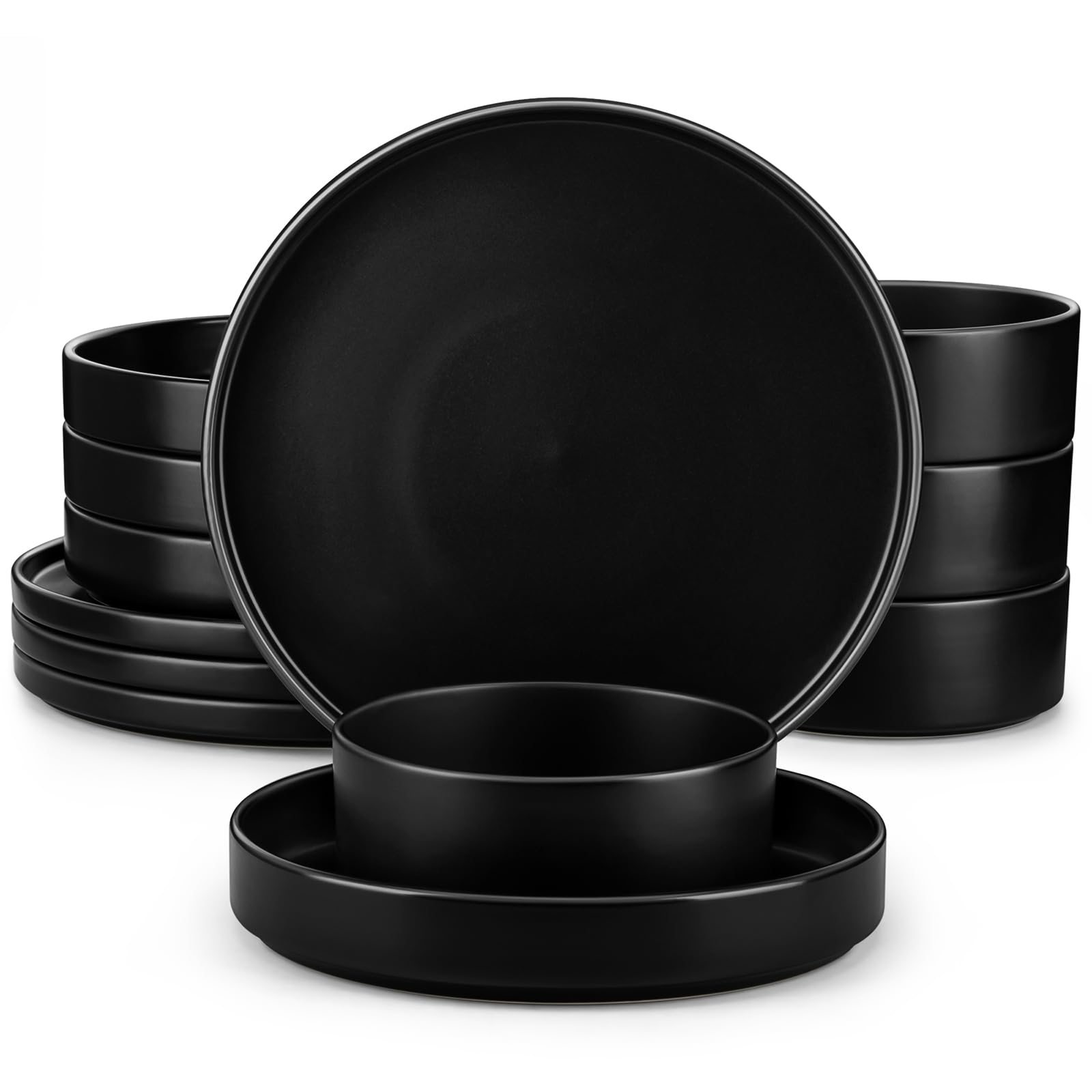 vancasso Venus Dinner Set for 4, Black Glaze Plates and Bowls Set, 12-Piece Stoneware Dinner Set with 4-Piece 10.5in Dinner Plate, 730ml Cereal Bowls and 1000ml Pasta Bowls, Modern Style