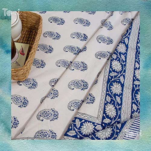 Image of TOAI Hand Block Printed Bedsheet | Bed Spread Flatsheet Bed Sheet | Pure Cotton | Queen Size 90 inchx108 inch | 210 TC Long Staple Cotton | 2 Reversible Pillow Covers |Blue Paan on White
