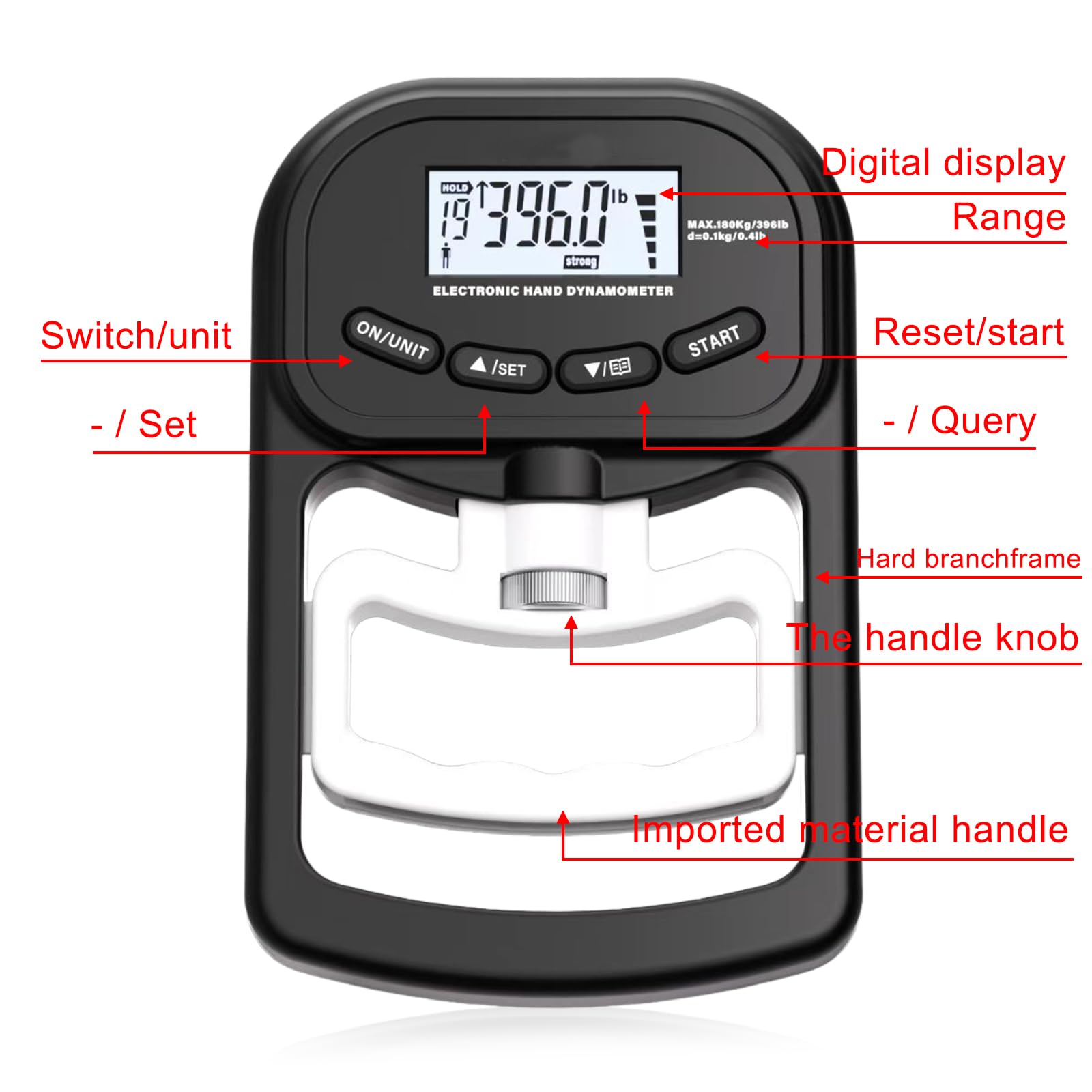 Medidor de fuerza digital manual, 396 lb/180 kg, color negro, dinamómetro de mano con cable de carga USB, gran pantalla LED