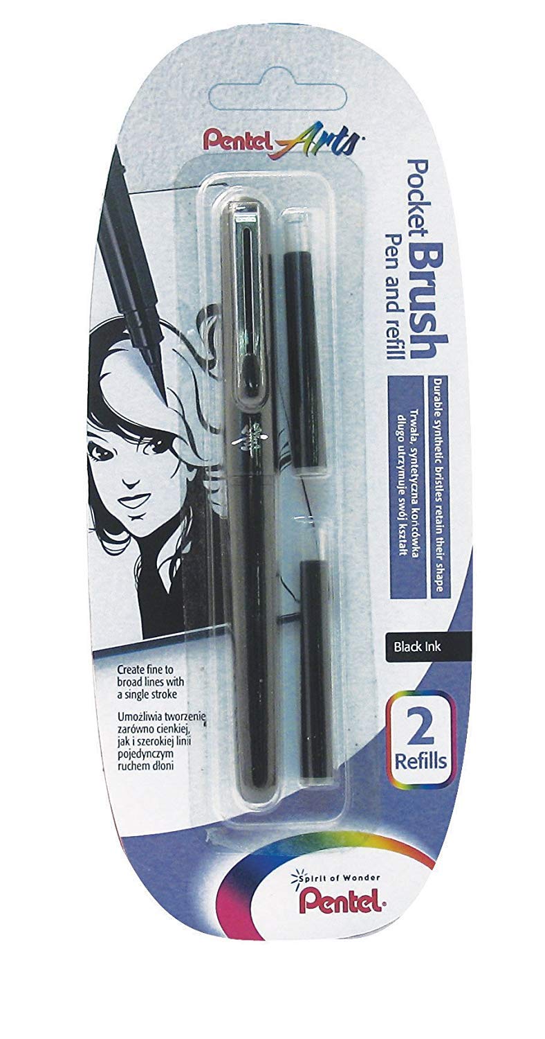 Pentel - Fude Pocket Brush Blister Pack mit 6 Patronen, Schwarz