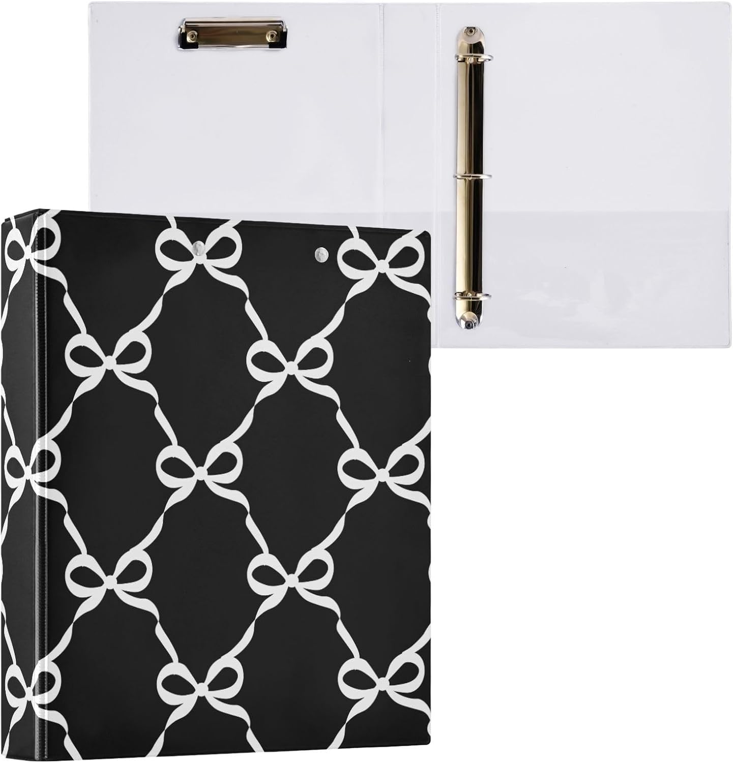 Cute White Bow Black Binder 1.5 Inch Binder with Clipboard&Pockets, Hardcover Binders 3 Ring, Heavy Duty Large File Folder for Office School Supplies – Holds 200 Sheets