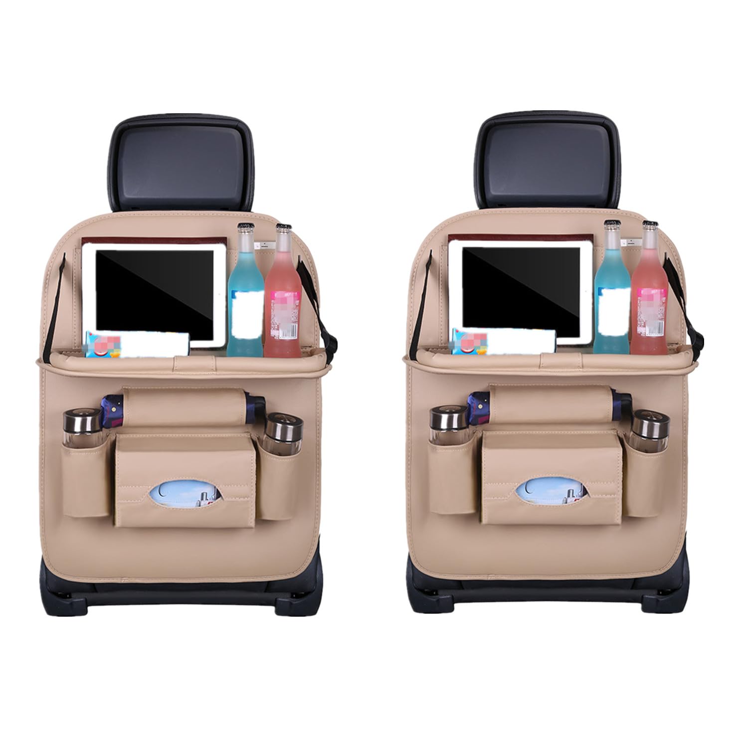 Car Seat Back Organizer with Foldable Table Tray PU Leather Storage Organizer with Pockets Kick Mats Seat Protectors Interior Accessories For Men Women Travel 2PCS Beige