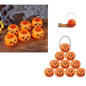 Brown Leaf Halloween Portable Medium Pumpkin Buckets Trick or Treat Pumpkin jack-0O-Lantern Plastic Buckets (9×10 cm…