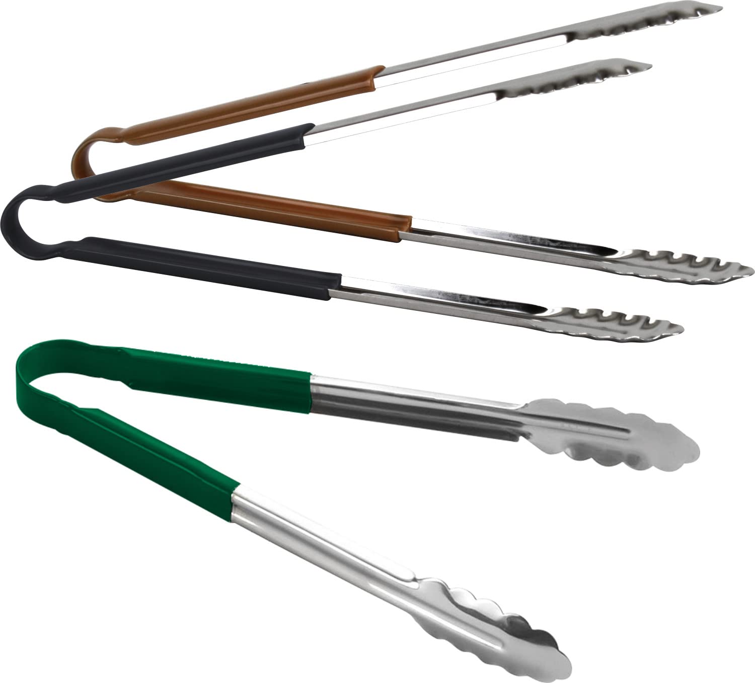 3pc Catergold Professional 15" (38cm) Stainless Steel Food Tongs Set (Red Blue Black)