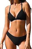 CUPSHE Women's V-Neck Low Rise Bikini Set: Crisscross Back, Self-Tie Spaghetti Straps Two-Piece Swimsuit