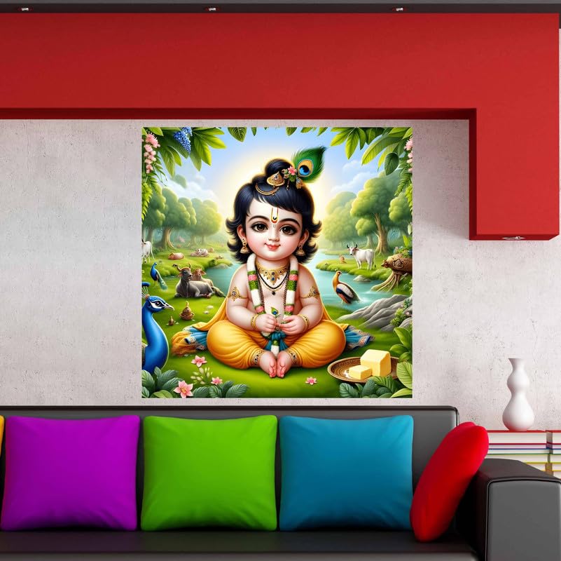 Image of British Terminal Cute little Bal Gopal Baby God Krishna| Kanha Ji | Laddu Lord Makhan Chor Painting Religious Poster for Pregnant Women for wall (matt thin vinyl,sticker,multicolor,unframed)| bj3