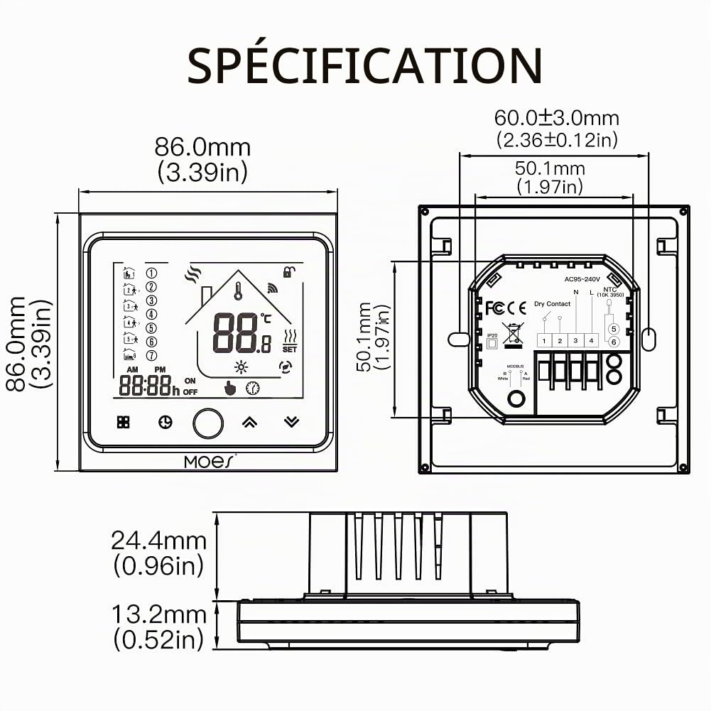MOES Smart Tuya ZigBee Alexa Thermostat de Chauffage au Sol sans Fil pour Chauffage électrique 16A Compatible avec l'application Smart Life Tuya Alexa Google [Uniquement pour Hubs Tuya ZigBee] | Pour chauffage électrique, programmable, application Smart L