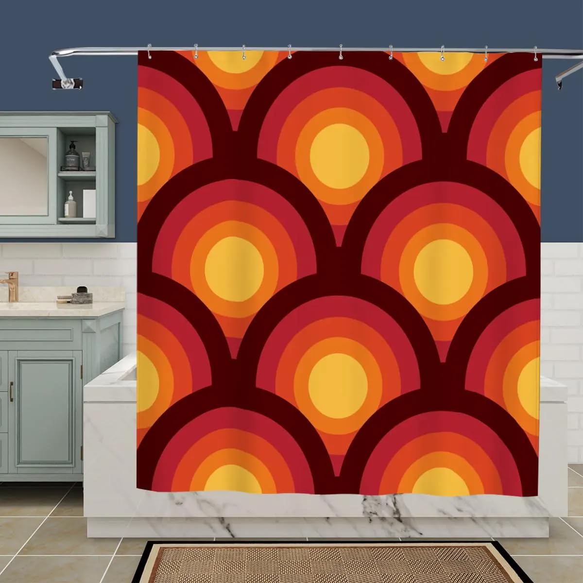 Rideau de douche géométrique style vintage milieu du siècle aux tons orange vif et rouge