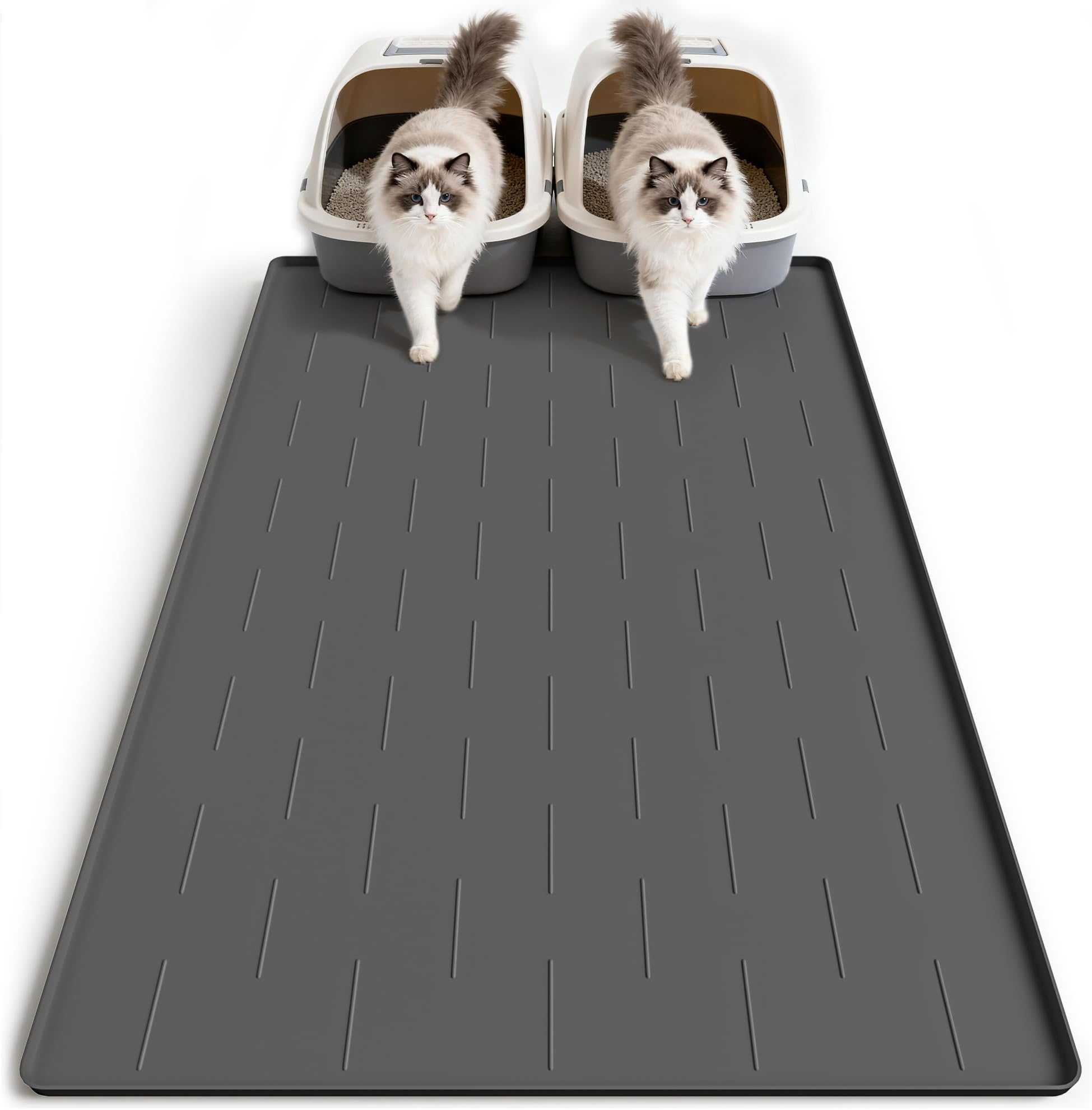Pieviev Silicone Cat Litter Trapping Mat, 40''x28'' Extra Large Cat Litter Mat, Easy to Clean & Soft on Kitty Paws, Waterproof Kitty Litter Pads for Indoor Cats, Dark Gray