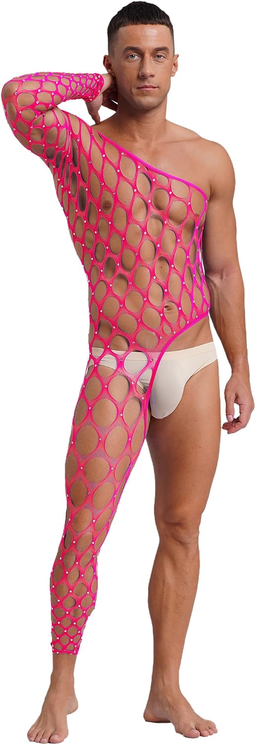 Agoky Men's One Piece Fishnet Jumpsuits Bodysuits Shiny Rhinestone Asymmetrical Underwear Unitard