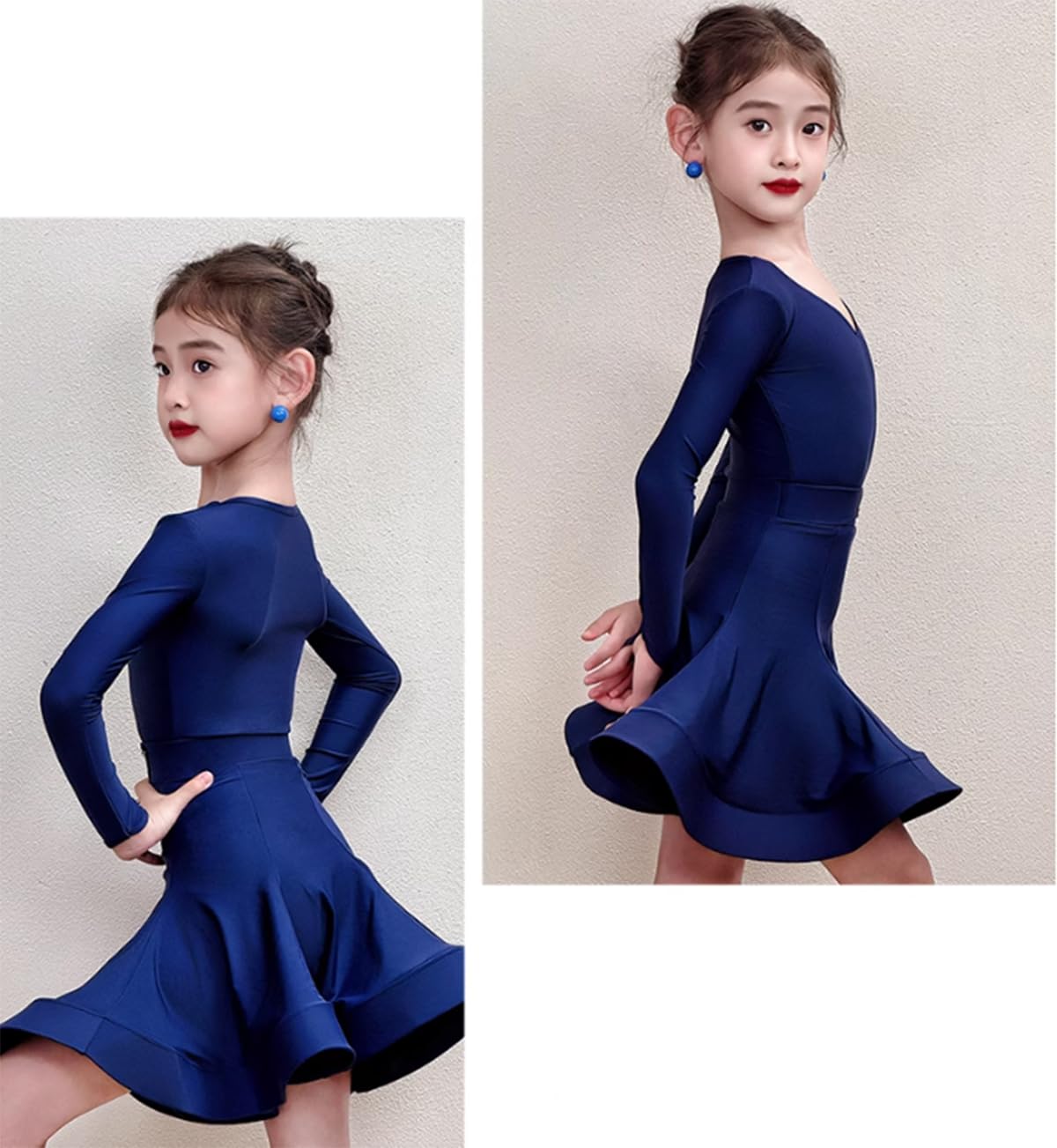 Vestido Profesional de Baile Latino para niñas Ideal para Tango Salsa Samba y Bailes de salón Traje para competición o presentación en el Escenario,Navy Blue,130cm