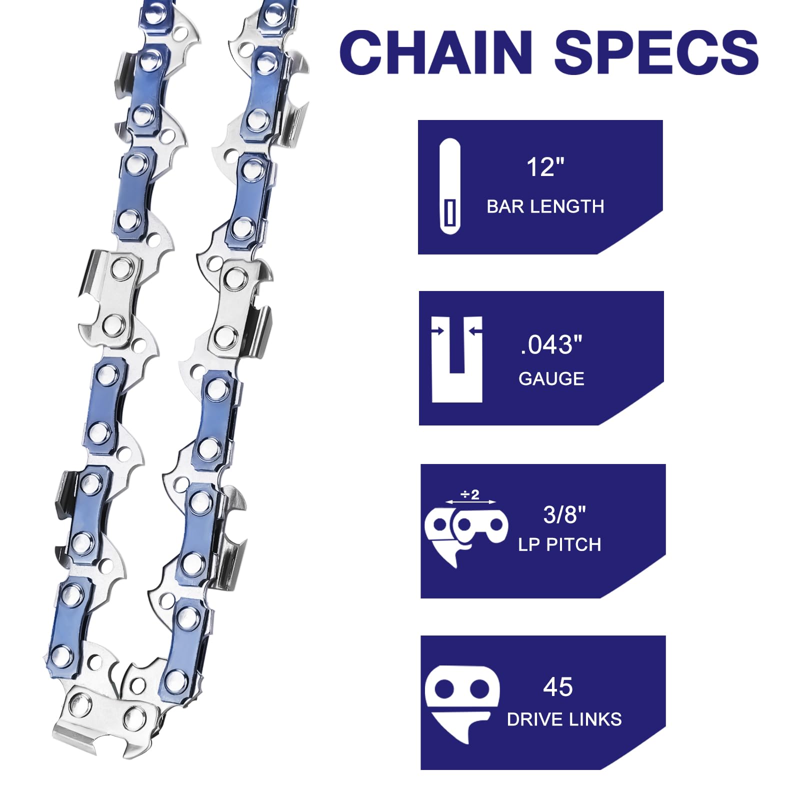 Paquete de 4 cadenas de motosierra de 12 pulgadas de paso LP de 0.043 pulgadas, calibre 45 eslabones de transmisión para DeWalt, Ryobi, Craftsman, Makita y más