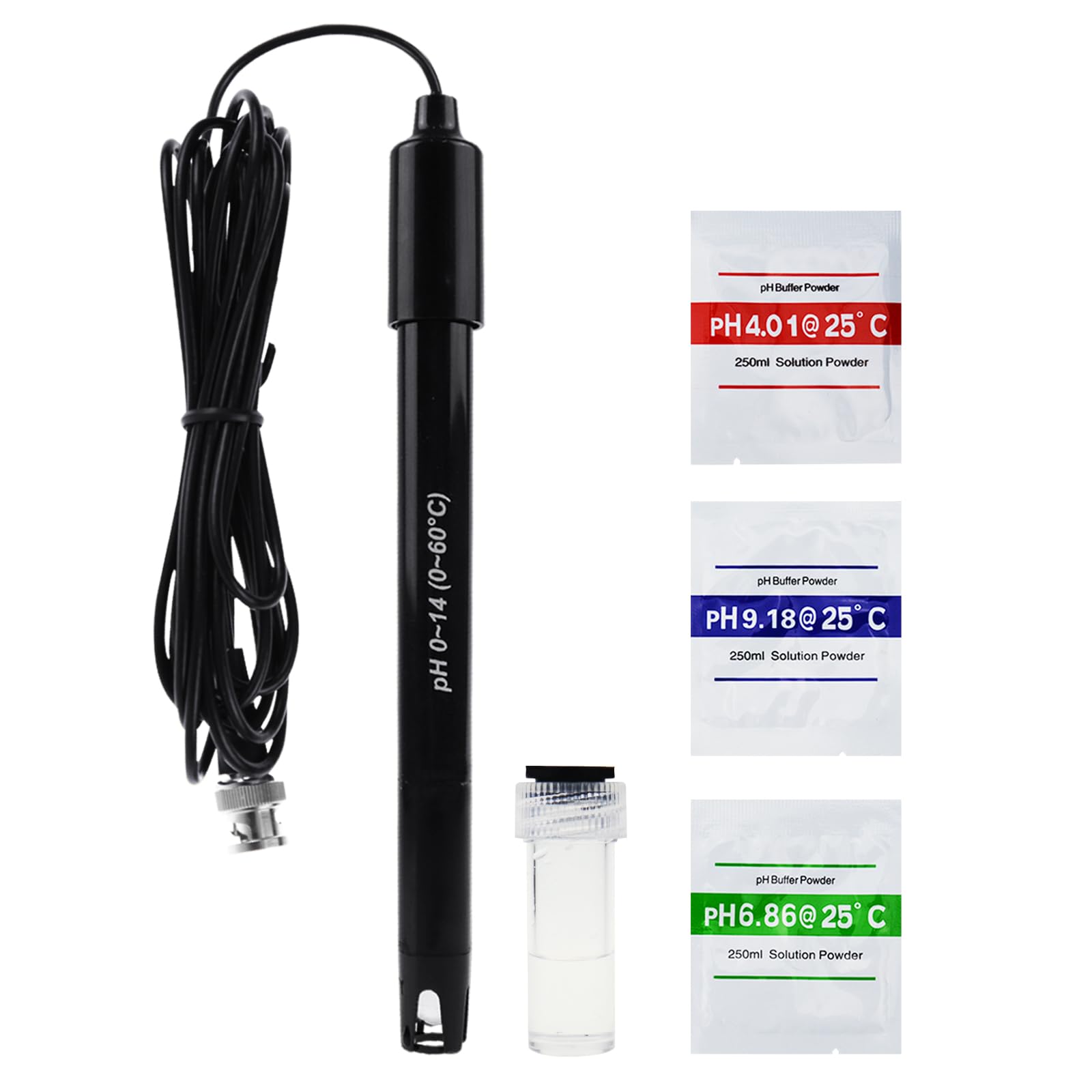Electrodo de pH con sonda intercambiable, cable 300 cm, rango 0-14 pH, conector BNC, polvo calibración