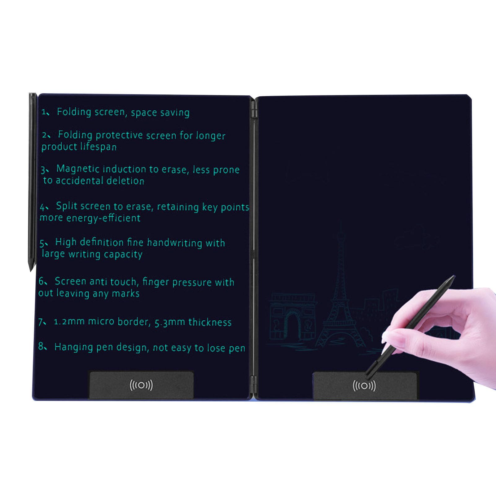 Cuifati Tavoletta LCD da Scrittura Pieghevole da 14,3 Pollici, Blocco da Disegno a Schermo Intero Design Senza Cornice, Display Verde con Penna Stilo, Tavolo da Disegno LCD