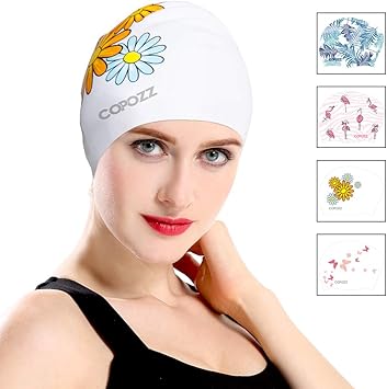 Amazon Copozz ロングヘア用スイムキャップ アップグレードシリコン水泳キャップ レディース 防水 ソフトシリコン 水泳キャップ 耳 あらゆるウォータースポーツ用 イエローデイジー Copozz スイムキャップ