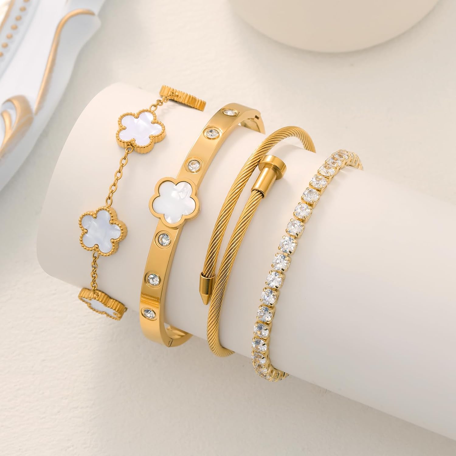 Gold Plated Bracelet Set, 4-Piece Floral Tennis Bracelet Collection with Crystal Rhinestones, Twisted Cable Bangle, Adjustable, 7.5 Inches