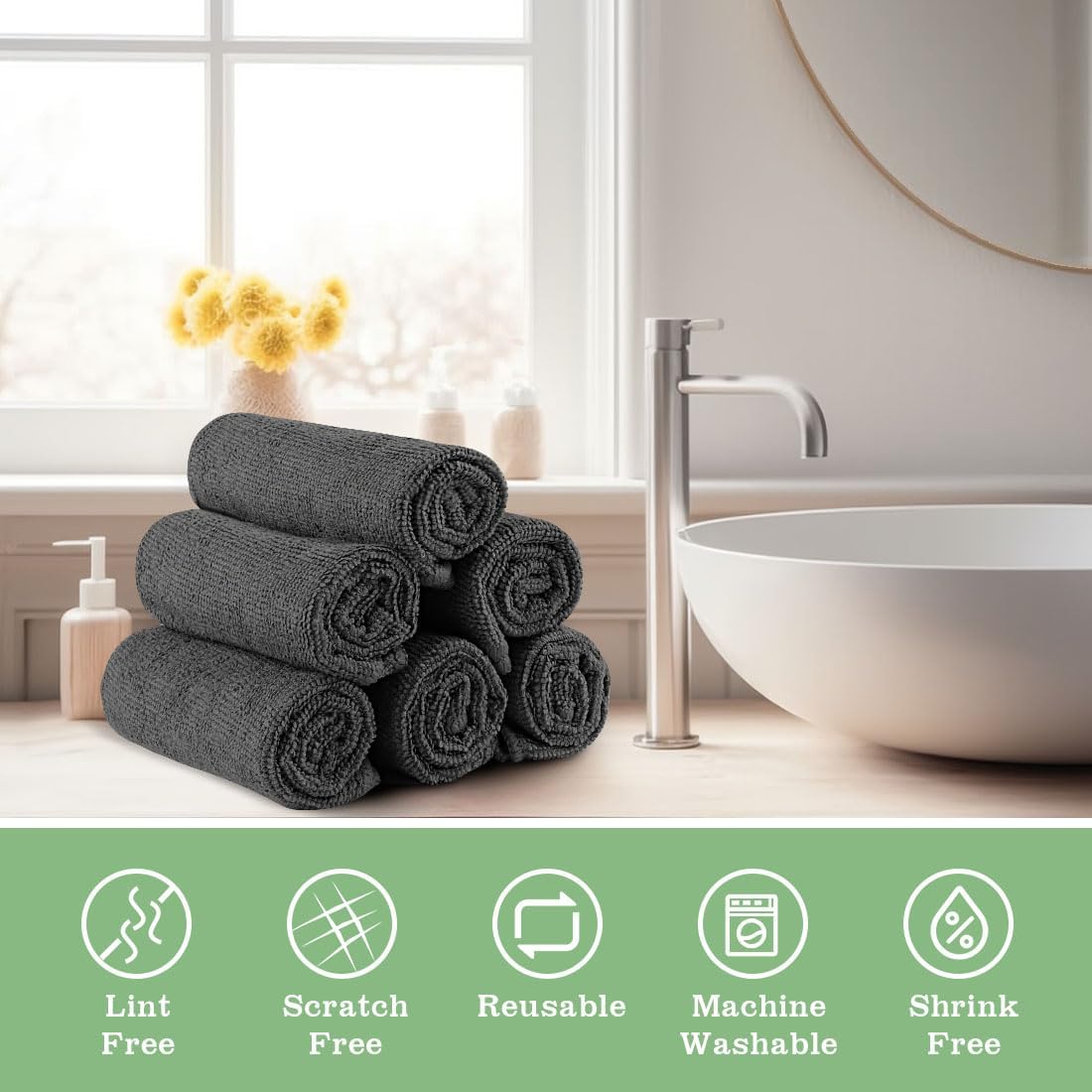 Washcloths Bulk - 200 Pack - Face Towels (12" x 12"), Highly Soft Wash Cloth and Hand Towels, Fast Drying Multi-Purpose Microfiber Cleansing Cloths for Bathroom, Hotel, Spa, and Salon - Grey