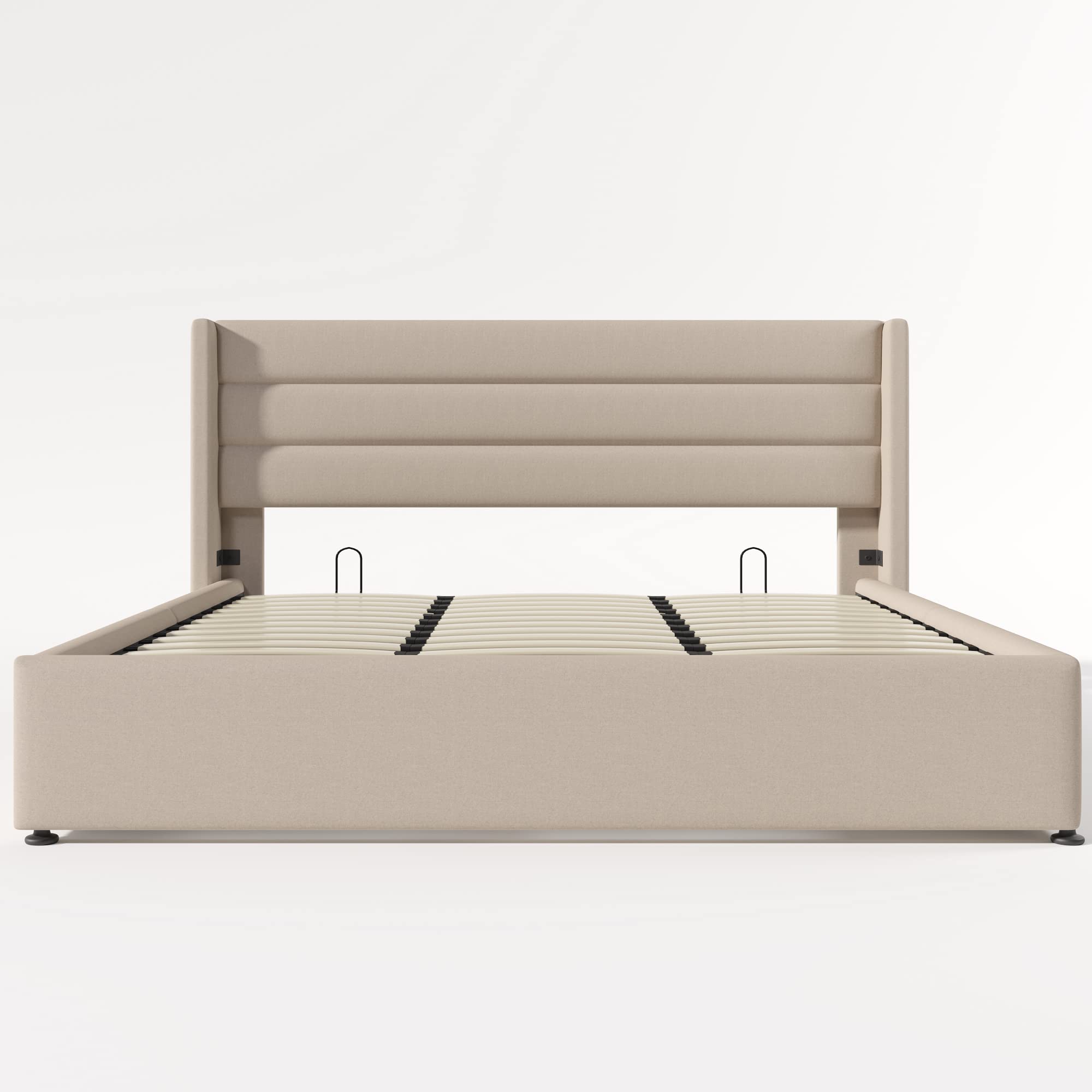 Idemon Letto contenitore imbottito idraulico letto matrimoniale con rete a doghe in legno, letto con rete a doghe con telaio metallico, lino (beige, 180x200cm)