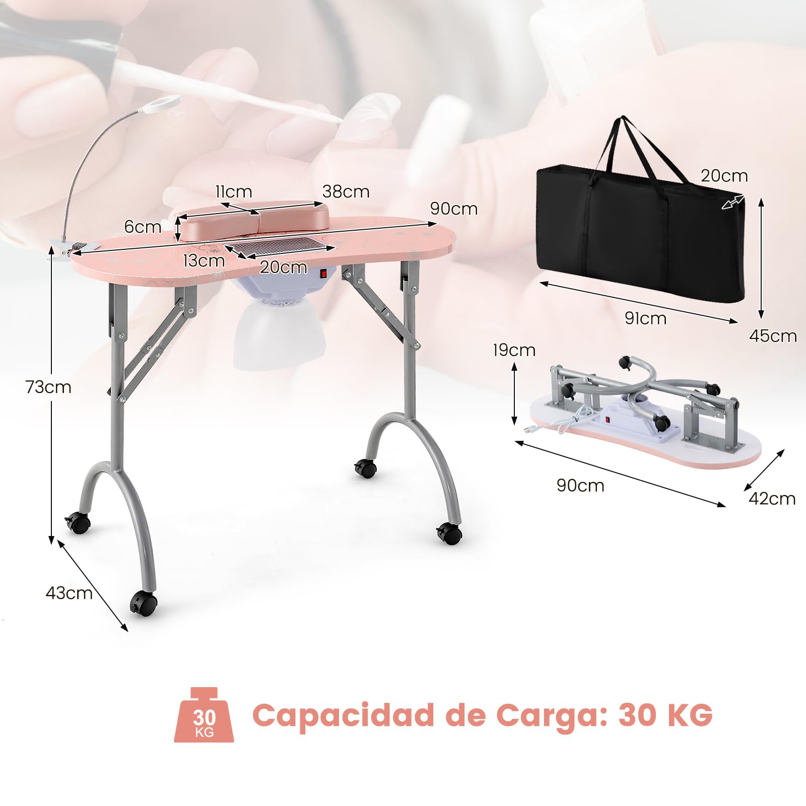 COSTWAY Mesa de Manicura Plegable con Colector de Polvo Eléctrico, Mesa Portátil para Uñas con Lámpara LED Ajustable, 3 Bolsas de Polvo, Bolsa de Transporte y 4 Ruedas Bloqueables para Spa (Rosa)