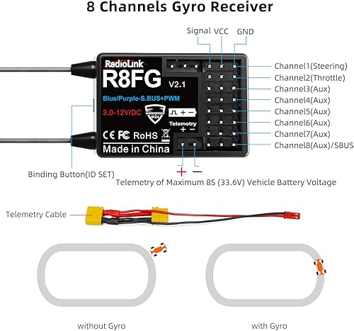 Miniatura 5 de Radiolink 2.4Ghz R8FG V2.1 3ms Latencia y R7FG Receptor Giroscopio con telemetría de voltaje, RX impermeable para RC Crawler Car Boat Radio