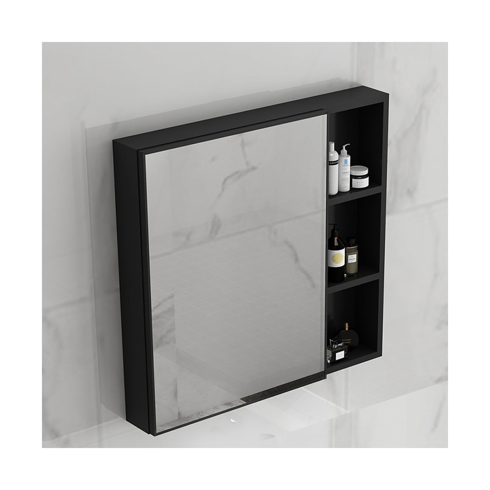 BKSXSOP Double-Layer Bathroom Mirror Cabinet, Wall-Mounted Storage nizer for Toiletries & Medications, Sleek Black Design, Space-Saving Solution, Medium Size.