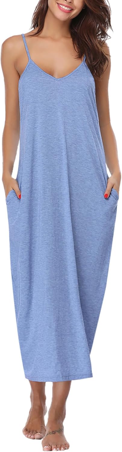 Marvmys Womens Cotton Long Nightgowns Spaghetti Strap V Neck Full Slip Sleep Shirts with Pockets