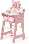 ROBUD Baby Doll High Chair, Pretend Play High Chair with Seat Belt, Pink Wooden Baby Doll Accessories with Movable Tabletop, Fits 18-20 Inch Dolls