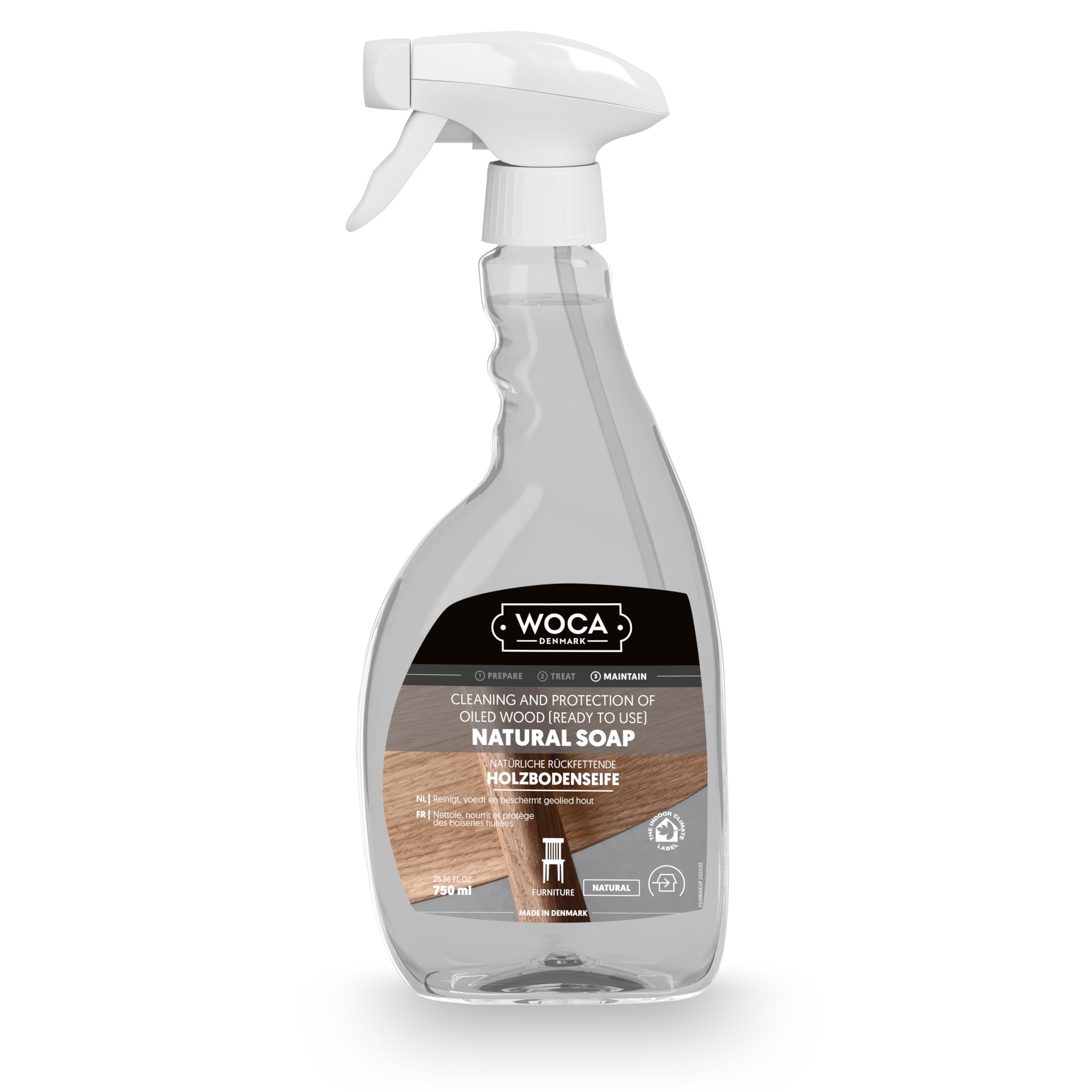 WOCA Denmark- Natural Soap Spray [750ml] Natural - Cleaner And Protection Of Oil & Wax Finished Wood Countertops, Cutting Boards, Furniture, Cabinets, Trim and Floors