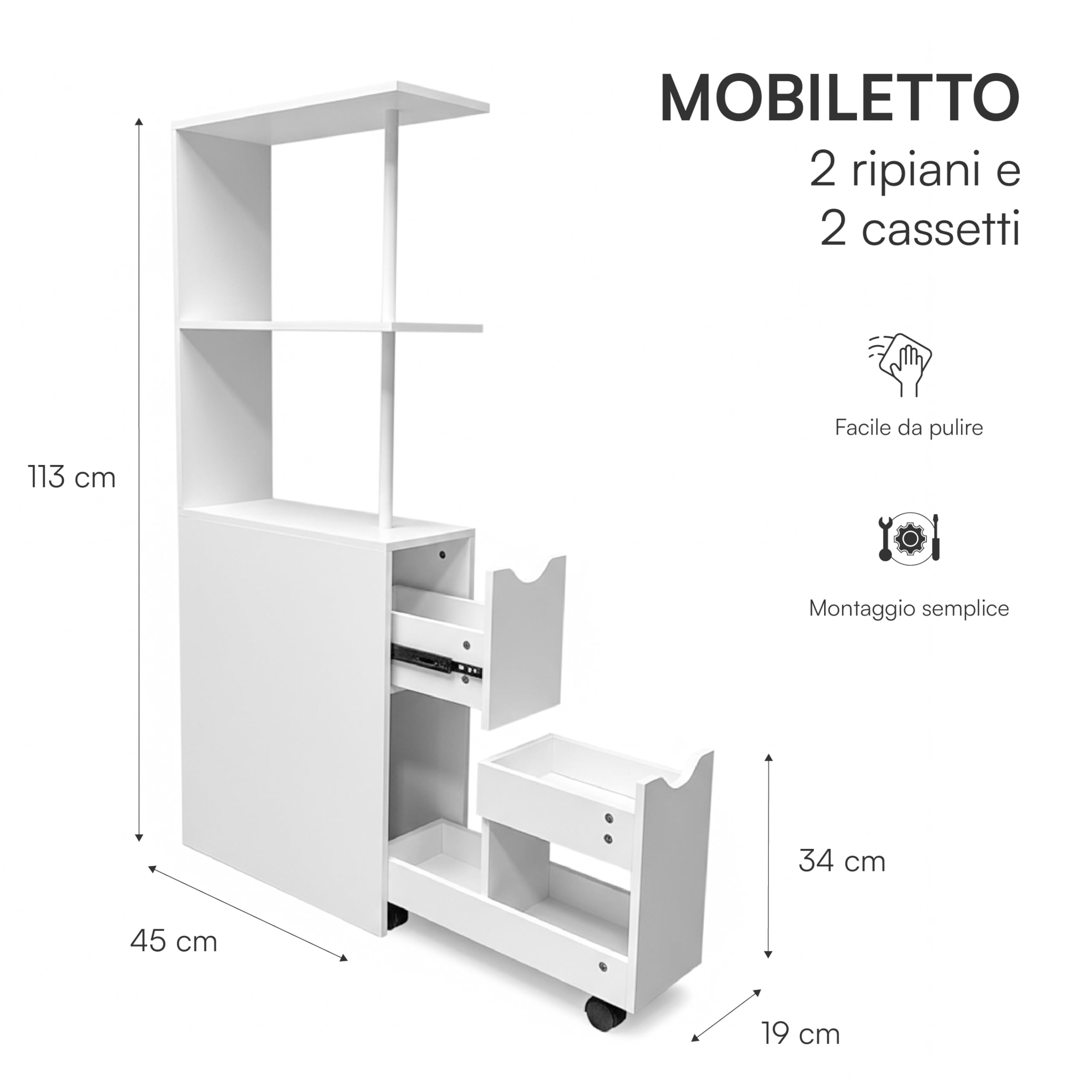 Baroni Home Columna de baño que ahorra espacio, mueble alto con estantes abiertos y cajones, multiusos, columna moderna para baño, cocina y dormitorio, 45 x 15 x 113 cm, 3 estantes y 2 cajones, color - 3