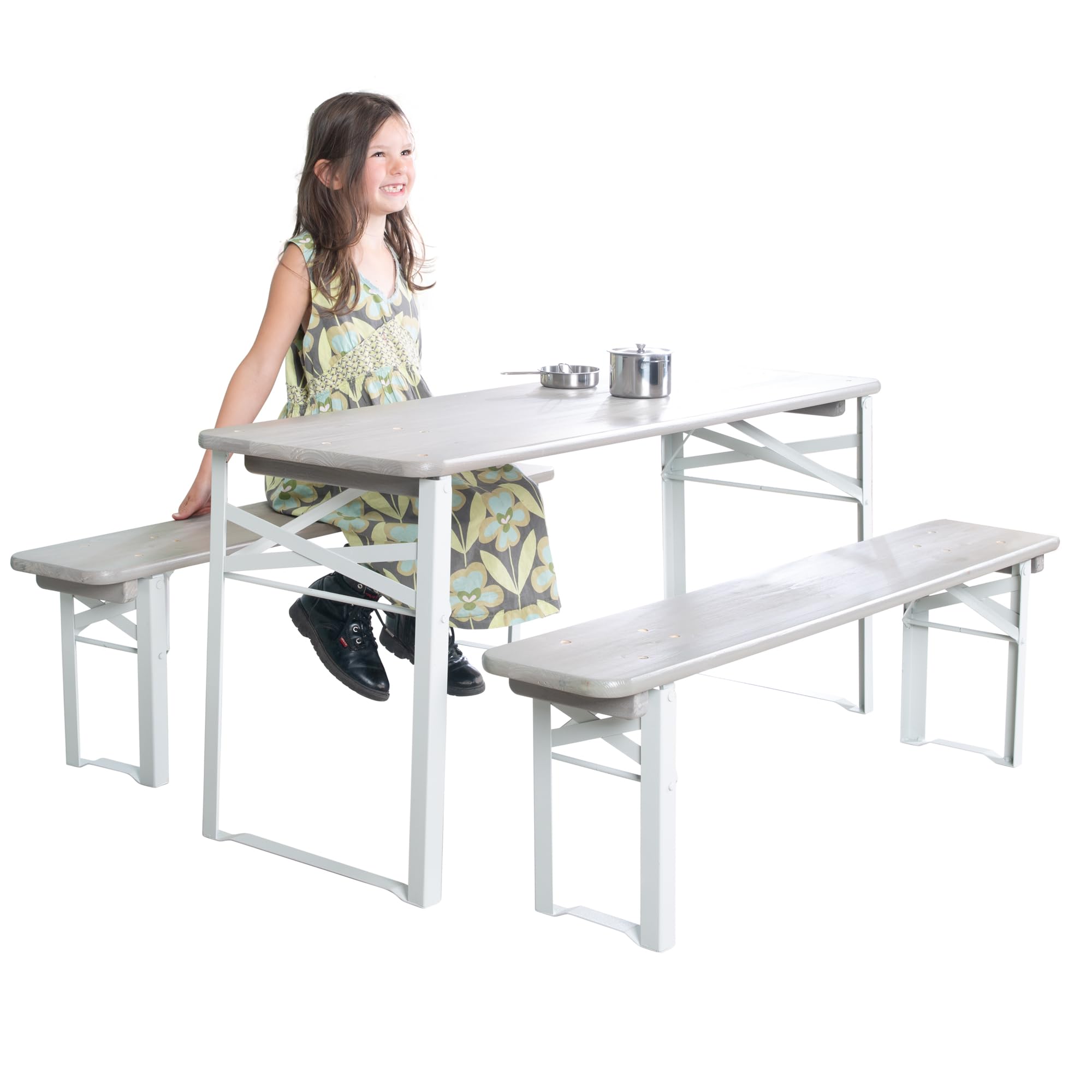 roba Table et 2 Bancs de Jardin pour Enfants dès 2 Ans - 4 Places - Bancs Pliants et Table Rectangulaire Pliante - Ensemble de Camping en Bois Massif Gris