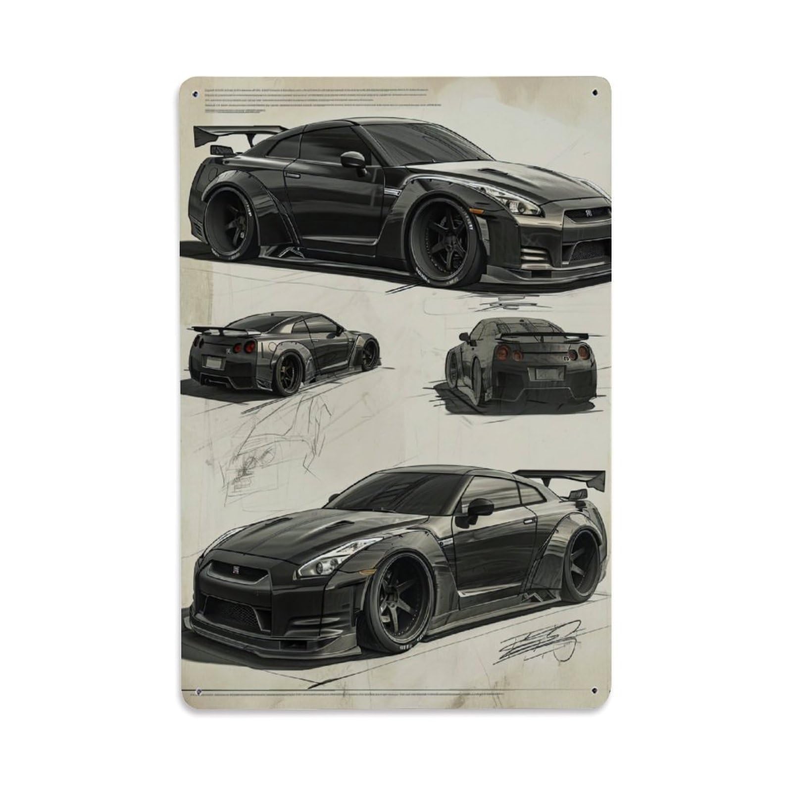 JDM Car R35 Design Manuscript Series Metal Tin Sign Plaque Wall Decor for Cafe, Club, Garden Metal Poster 8x12Inch