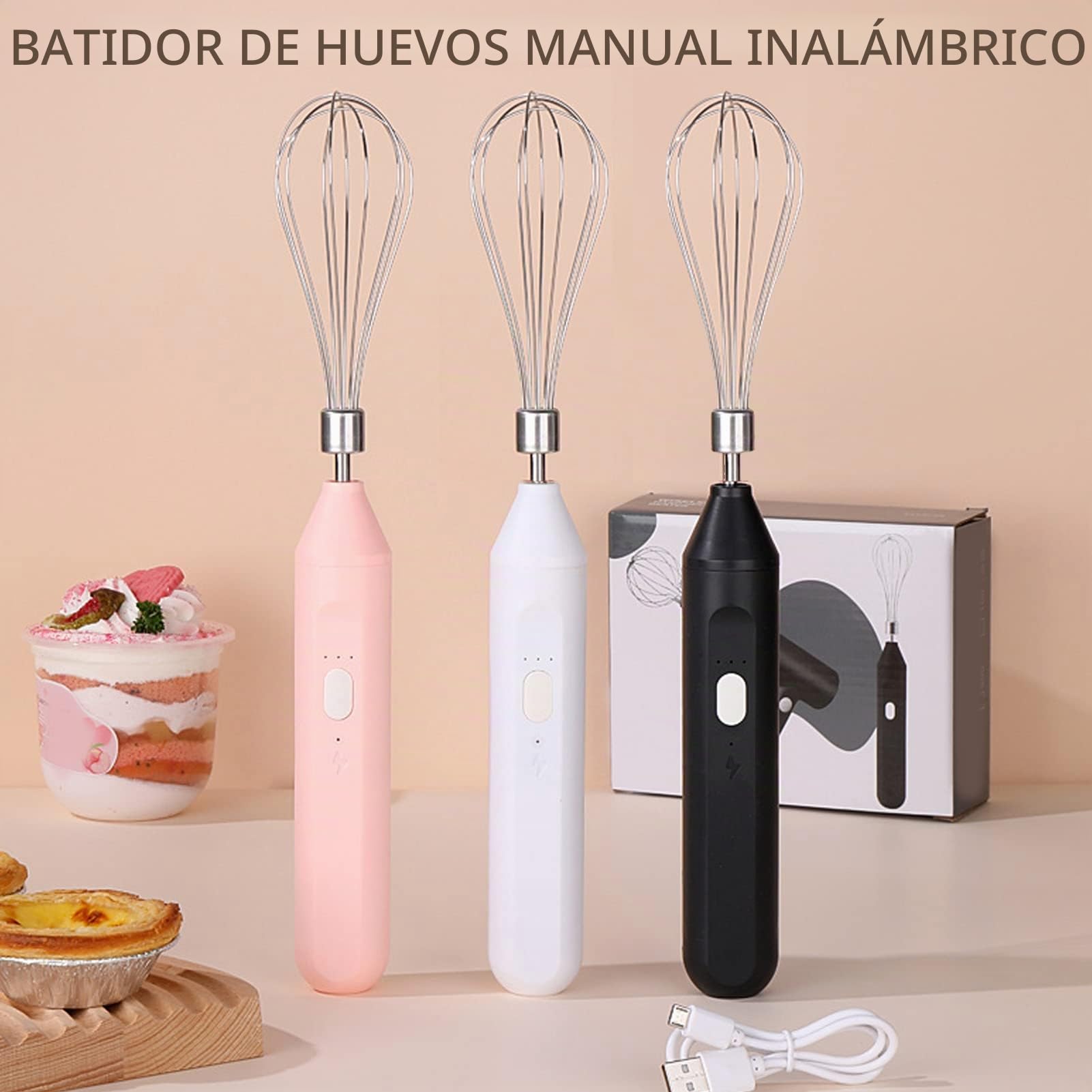 Batidora de Mano Inalámbrica Batidora de Huevos Eléctrica Recargable por USB para Preparar café (Blanco)