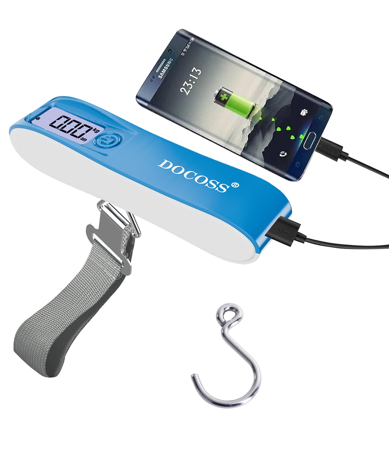 docoss portable luggage weighing scale with 2600mah power bank - 50kg capacity digital weight machine with wide lcd display for flights, suitcases, and bags(blue)