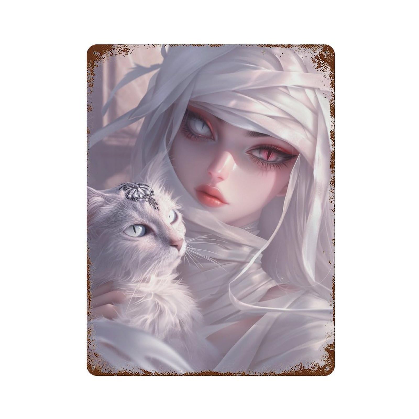 Ethereal White Cat Portrait Rust Effect Tin Sign 15.7"x11.8", Novelty Wall Decor for Garage, Pub Or Kitchen