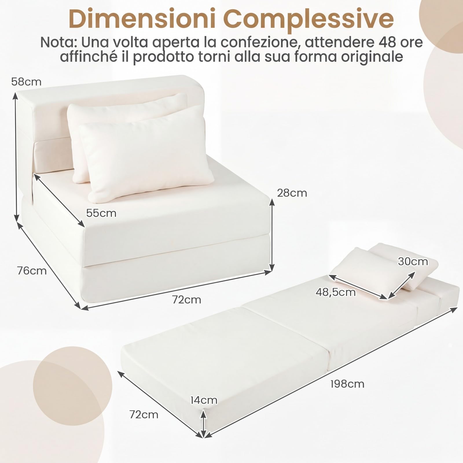 COSTWAY 3 in 1 Divano Letto Pieghevole, Poltrona Letto Convertibile con 2 Cuscini, Divano a 2 Posti in Tessuto Chenille, per Soggiorno Camera da Letto Ufficio (Beige,S)